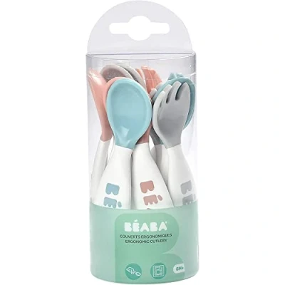Immagine di Béaba Set di Prime Posate Ergonomiche, 6 Cucchiai e 4 Forchette, Forma Rotonda, Grigio/Blu/Rosa
