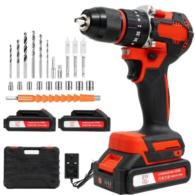 Immagine di Trapano/Avvitatore a Batteria con 2 Batterie da 21 V, Trapano Dinamometrico 42 Nm, 25+1 Livelli di Coppia, Luce LED, Velocità, 27 Accessori Fai Te per Riparazioni e