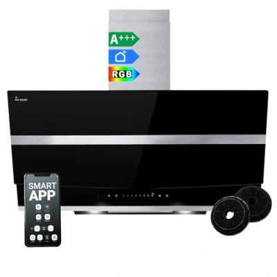 Immagine di Cappa aspirante 90 cm Cucina Inclinata acciaio inossidabile vetro nero WiFi auto spegnimento Illuminazione LED RGBW Operazione di tocco HERMES9005SM