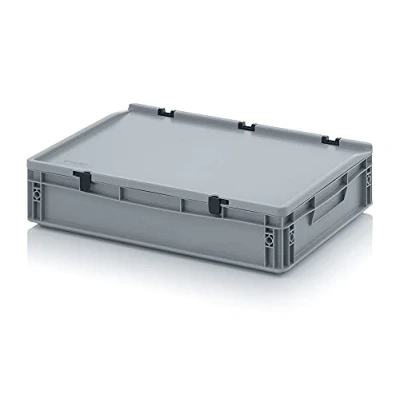 Immagine di contenitore euro con coperchio a cerniera ED 64/12 HG Auer, grigio, 24 l, scatola di plastica 60 x 40 13,5 cm, maniglie chiuse, industriale per conservare alimenti, da campeggio