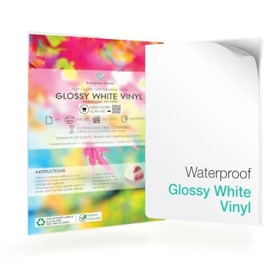 Immagine di Evergreen Goods 60 fogli di carta autoadesiva, in vinile, bianco lucido, formato A4, impermeabile, stampabile, adatto per stampanti a getto d&#039;inchiostro e laser