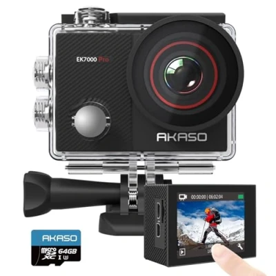 Immagine di AKASO EK7000 Pro Action Cam 4K 20MP WiFi con scheda di memoria microSDXC da 64 GB, Fotocamera Subacquea 40M, Impermeabile Videocamera EIS Stabilizzazione Touch Screen