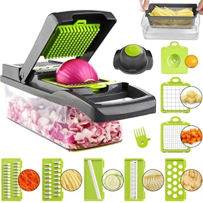 Immagine di ADOV Mandolina per Verdure, 12 in 1 Professionale Affettatrice 7 Sostituibile Inossidabile Lame, Multifunzione Julienne Affettatore Grattugia Mandoline Food Slicer Frutta Formaggio Grigio