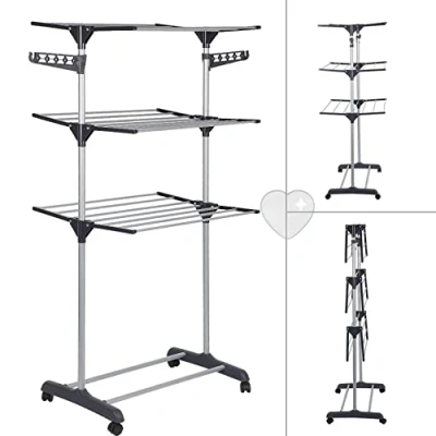 Immagine di LANTUS Stendino Verticale in Acciaio Inox, Stendibiancheria Pieghevole con 3 Ripiani Regolabili e 4 Ruote, 72*56*152 cm (grigio)