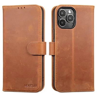 Immagine di Lensun Custodia per iPhone 13 Pro Max, Cover in Vera Pelle [RFID Blocking] Libro con Portafoglio Chiusura Magnetico Flip Custodie Cuoio Telefono Max Marrone Retrò