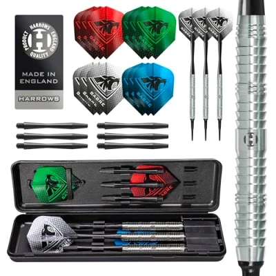 Immagine di Harrows Sabre Set di freccette professionali in 90% tungsteno, punta morbida, 18 g, 16 pezzi, con alberi ricambio, alette Prime e custodia da viaggio, g