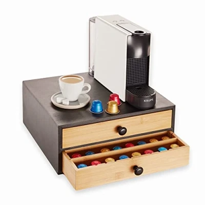 Immagine di Navaris Doppio Cassetto Porta Capsule Caffe Cialde 2 Cassetti Portacapsule 72 Pezzi Portacialde Macchina caffè Espresso Legno di bambù