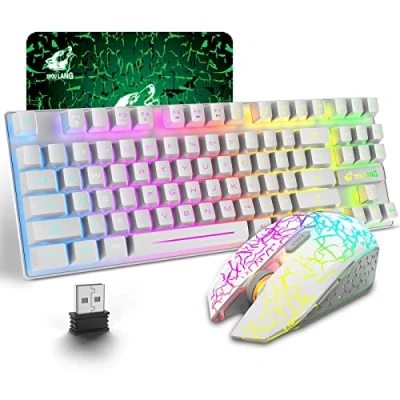 Immagine di LexonElec Combinazione mouse e tastiera da gioco wireless, 87 tasti arcobaleno retroilluminazione a LED batteria ricaricabile 3800 mAh sensazione meccanica muto impermeabile RGB (White)