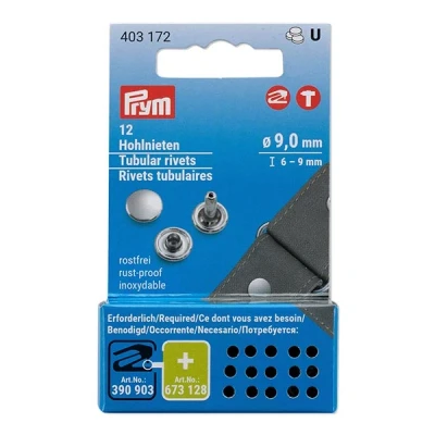 Immagine di Prym 403172 Rivetti cavi, ø 9 mm/6 mm, ottone argentato, 12 pezzi per Vario Creative Tool, argento