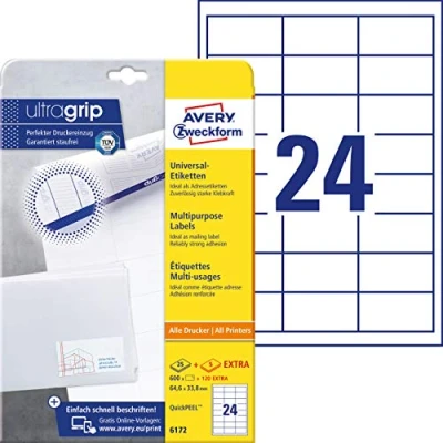 Immagine di Avery Zweckform 6172 Etichette universali, 25 fogli, 600 etichette, 64,6 x 33,8 mm, colore: Bianco
