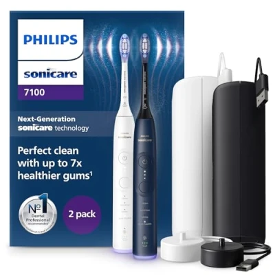 Immagine di Philips Sonicare 7100, spazzolino elettrico sonico con app, 4 modalità di spazzolamento e 3 livelli intensità, avviso pressione, SmarTimer, bianco blu navy, confezione da 2, modello HX7429/01