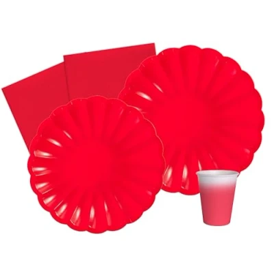 Immagine di Ciao Kit Party Tavola Flower Shape per 8 persone (44 pz Ø23cm, piatti Ø18cm, bicchieri, 20 tovaglioli), rosso carta compostabile eco friendly, AZ159