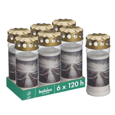 Immagine di Bolsius Lumini funerali Bianco Set di 6 pezzi Lunghezza durata 120 ore Candela funebre &amp; Memoriale Bruciatore Permanente Con Motivo Montagna Non Profumata Senza Olio Palma Nr. 5