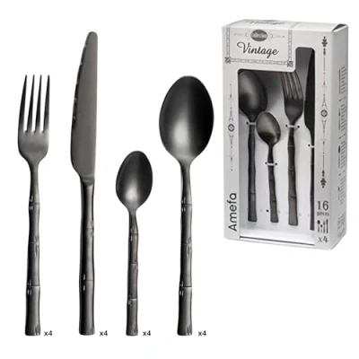 Immagine di Amefa Karma Servizio Posate 16 Pezzi Noir, Acciaio Inox, Stile Vintage, Inossidabile, Nero