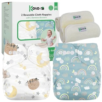 Immagine di Kolo Set di 2 Pannolini lavabili riutilizzabili per bambini e neonati + inserti assorbenti in bambù, Taglia regolabile, unisex 100% Ecologici. Fantasia Sky&amp;Planet