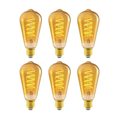 Immagine di Amazon Basics Lampadina LED vintage E27, in vetro ambrato, dallo stile antico retrò, ST64, 4 W (equivalente a 25 W), 1800 K, luce ultra calda per la decorazione, confezione da 6
