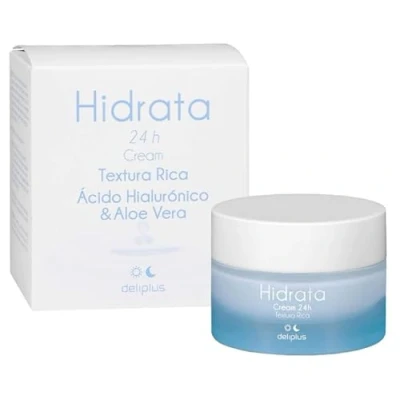 Immagine di Crema viso texture ricca idrata 50 ml. con acido ialuronico e aloe vera per tutti i tipi di pelle. Deliplus