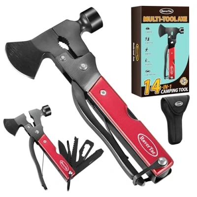 Immagine di RoverTac Camping Essentials, Multi Strumento Ascia Attrezzatura da campeggio, 14 in 1 Multitool Coltello Martello Pinze Sega Bottiglia Apriscatole Cacciavite, Regali per uomini Lui Papà