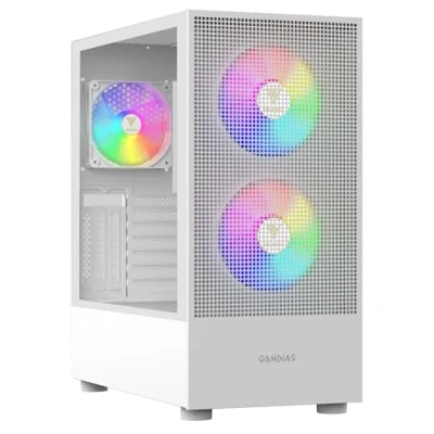 Immagine di GAMDIAS TALOS Custodia per PC, EATX Gaming Mid Tower, ventola ARGB 3 PWM preinstallata, pannello laterale in vetro temperato, rete flusso d&#039;aria, supporto Dual 360 e Type C, bianco