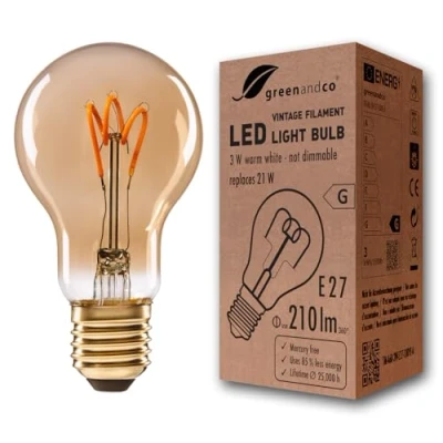 Immagine di greenandco Lampadina a filamento LED Vintage E27 A60 3W (equivalente 21W) 210lm 2000K (bianco caldo) 360 230V AC Vetro, nessun sfarfallio, non dimmerabile