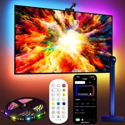 Immagine di Fayerkar Retroilluminazione TV 3 Lite con funzione di correzione fish eye, sincronizzazione per da 55 a 75 pollici, striscia LED RGBICW WiFi fotocamera, 4 colori in 1 lampada bead,