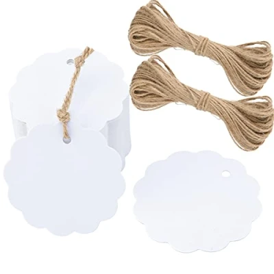 Immagine di G2PLUS 100 PCS Etichette Regalo,Etichette in Carta Kraft,6x6CM Tag Regalo Etichetta Rotonda con Spago per Matrimoni,Compleanni e Natale (Bianco)