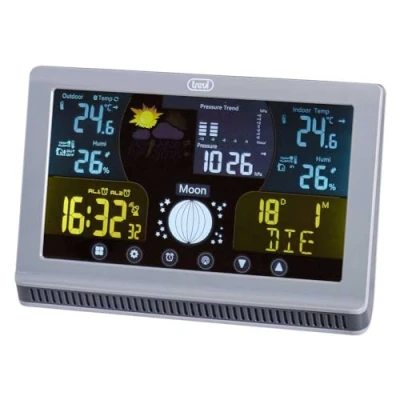Immagine di Trevi ME 3P70 RC Stazione Meteo con Sensore Esterno, Display LCD, Termometro Interno Barometro, Igrometro e Funzione Sveglia, Comandi Touch, Presa USB per Ricarica Dispositivi Esterni