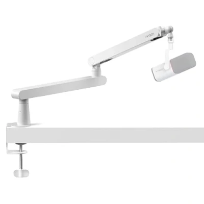 Immagine di IXTECH Braccio per microfono bianco, a basso profilo, regolabile, con gestione dei cavi integrata, girevole 360, modello LIZARD WHITE