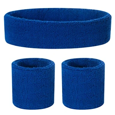 Immagine di ONUPGO Set di fasce per il sudore bambini, in cotone atletico, lo sport (1 fascia + 2 polsiere) (blu)
