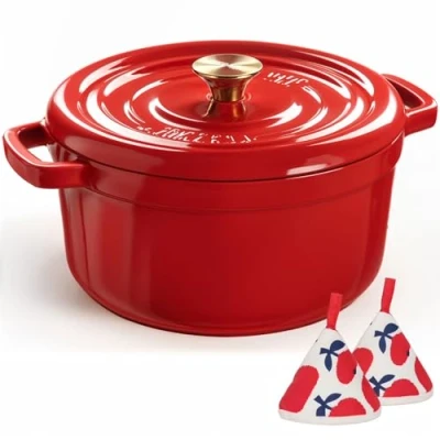 Immagine di Overmont Forno olandese in ghisa smaltata Pentola con coperchio, libro di cucina e presine cotone, resistente per brasare, stufare, arrostire, cuocere il pane rosso