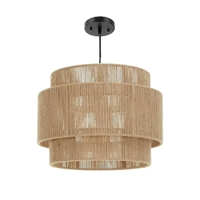 Immagine di JMEDIC Lampadari A 1 Luce con Base E26, Lampada Sospensione retrò Beige, Illuminazione in Rattan di Vimini Country, Paralume Vimini, Lampade da Soffitto Semplici Intrecciate Mano