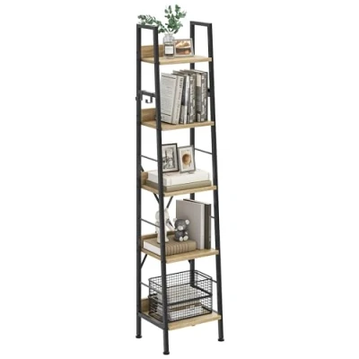 Immagine di YITAHOME Libreria a 5 Ripiani, Scaffale Scala Industriale per Libri Autoportante Ripiani in Legno e con Struttura Metallo Moderno Soggiorno, Colore Rovere