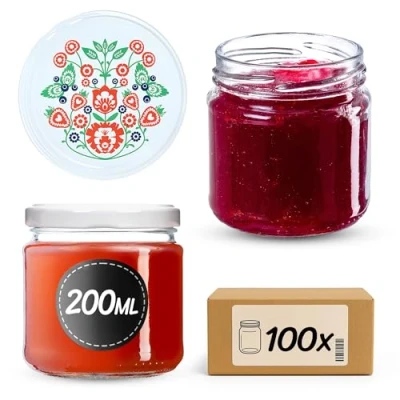 Immagine di KADAX Barattoli Ermetici di Vetro da 200 ml, Vassetti Piccoli con Coperchio a Vite per Conserve Frutta, Marmellate e Miele (Set 100, Folclore)