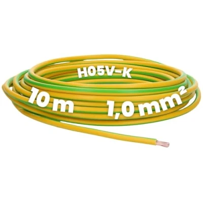 Immagine di Kalitec 10 metri H05V K 1 mm², conduttore di cablaggio verde, giallo, in PVC, cavo singolo da mm2, flessibile, monofilo, ignifugo