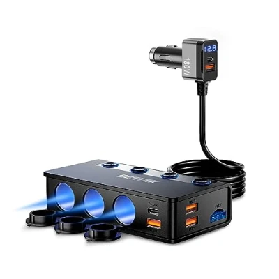 Immagine di BESTEK Caricabatterie da Auto 180W, Caricatore USB C PD QC3.0, Adattatore per Accendisigari 12V/24V con 3 Prese &amp; 6 Porte Display LED iPhone Dash Cam