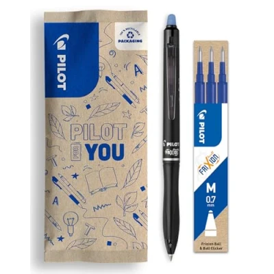 Immagine di PILOT set di 1 FriXion Ball 07 Plus + 3 Ricariche Penna Roller Cancellabile Retrattile e Ricaricabile Realizzata in Plastica Riciclata Blu Punta Media