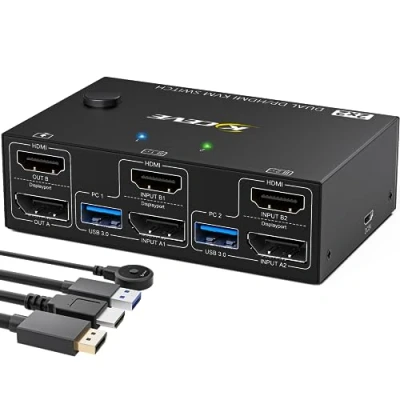 Immagine di Switch KVM USB 3.0 Displayport HDMI 2 porte, PC Monitor 4K@60Hz, Dual con 4 porte per Computer Condividi Mouse, Tastiera e