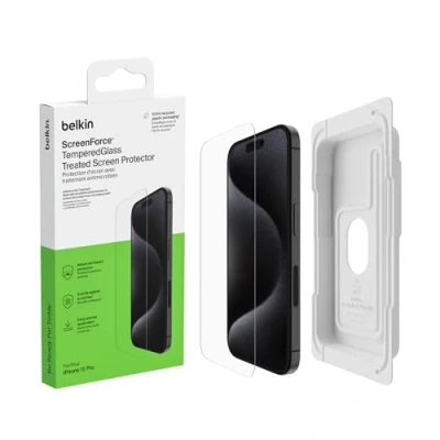 Immagine di Belkin ScreenForce TemperedGlass Proteggi schermo antimicrobico, pellicola protettiva, vetro temprato per iPhone 15 Pro, trasparente, antigraffio, include supporto un&#039;applicazione senza bolle