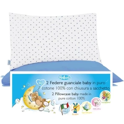 Immagine di 4BABIES Federa cuscino 40x60 Bambino Set 2 Federe per lettino e culla 100% PURO COTONE Made in Italy Chiusura a busta Certificato OEKO TEX POIS BLUE SMOKE