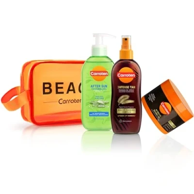 Immagine di Carroten Set abbronzatura 3 pezzi Kit d&#039;abbronzatura composto da Intensive Tanning Gel 150 ml, Oil de Cocco 200 ml e After Sun Cooling (200 ml), inclusa borsa cosmetica