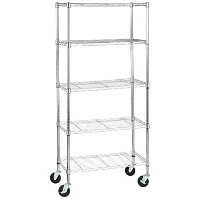 Immagine di Amazon Basics Scaffaliera 5 ripiani medi, con rotelle da 10,2 cm, altezza dei ripianie piedini regolabili, peso massimo 680 kg, Cromo, 36 x 76 164 cm (D W H)