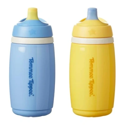 Immagine di Tommee Tippee Borraccia termica con beccuccio attivo, 266 ml, per bambini dai 12 mesi in su, isolata mantenere le bevande fresche, blu e giallo, confezione da 2