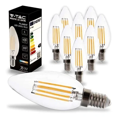 Immagine di V TAC 10x Lampadine LED Filamento Candela con Attacco E14 4W (Equivalenti a 35W) 400 Lumen Lampadina Massima Efficienza e Risparmio Energetico 3000K Luce Bianca Calda