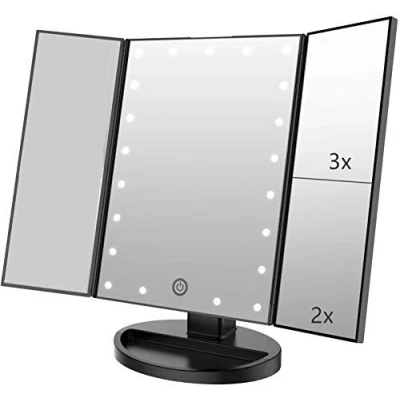 Immagine di Infitrans Specchio con Luce,Specchi da Tavolo Touch Screen Tri Fold, ingrandimento 1x / 2X 3X e Caricatore USB o Wireless, Luce LED Regolabile a 180 per Il banco Viaggio (Nero)