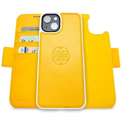 Immagine di dreem Fibonacci compatibile con iPhone 14 custodia a portafoglio/custodia antiurto 2 in 1 e folio pelle vegana staccabile, MagSafe, protezione RFID [Giallo]