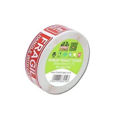 Immagine di Double Dragon, 500 Etichette Fragile 1&quot;x 3&quot; (25mm x 76mm), Maneggiare con Cura, di Avvertimento per Spedizioni e Imballaggi,