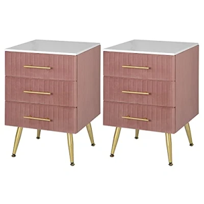 Immagine di WOLTU Set di 2 Comodino Camera da Letto in Velluto con Tre Cassetti, Cassettiera Legno, Organizzatore Letto, Gambe Metallo, Bianco e Rosa, TS135rs