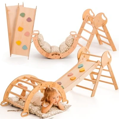 Immagine di 5 in 1 Telaio da Arrampicata per Bambini Scala a Triangolo, Arco Arrampicata, Balance Board e Cuscino, Montessori, Palestra Legno 3 Anni
