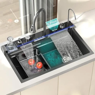 Immagine di Lavello Da Cucina Nano Nero A Cascata In Acciaio Inossidabile 304 Con Postazione Di Lavoro Vasca Singola Display Digitale Multifunzionale Rubinetto (80 x 45 22 cm)