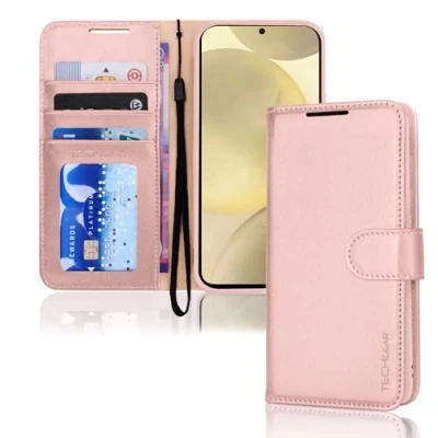 Immagine di TECHGEAR Custodia a Portafoglio in Pelle per Galaxy S24 Plus, Protettiva Flip con Porta Carte Portafoglio, Supporto e Cinturino da Polso PU Rosa Chiusura Magnetica Progettata
